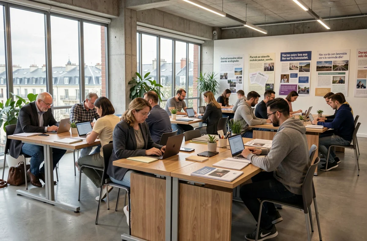 Vue panoramique d'un centre de formation moderne dans le Rhône avec des apprenants adultes en salle de cours collaborative