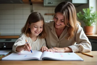 Mère aidant sa fille à réviser les verbes du 2ème groupe sur des fiches de conjugaison à la table de cuisine