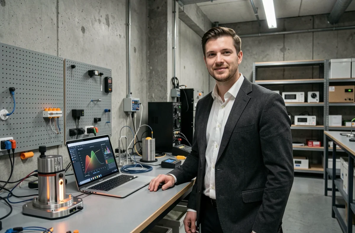 Ingénieur chercheur dans un laboratoire moderne du site MINES Paris PSL à Alfortville avec des prototypes sur son établi