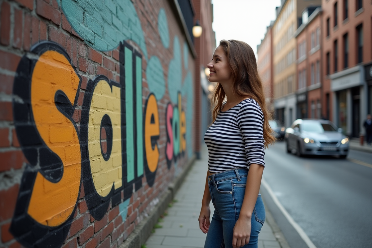 Jeune femme devant un mural salle sale en ville