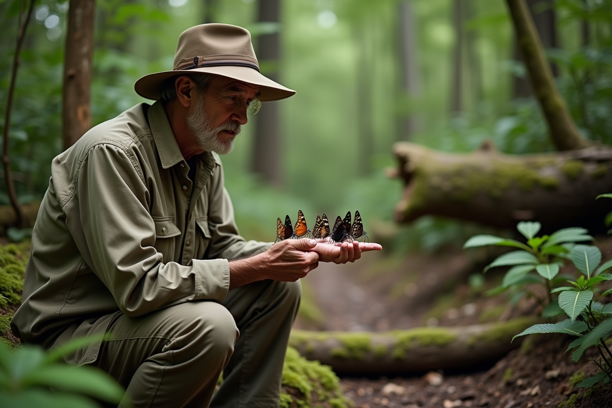 Naturaliste observant des papillons dans la forêt