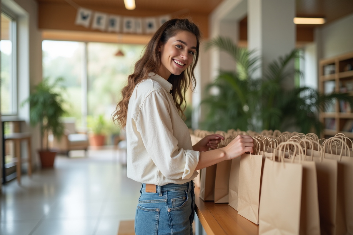 Femme organisant sacs cadeaux dans un centre communautaire