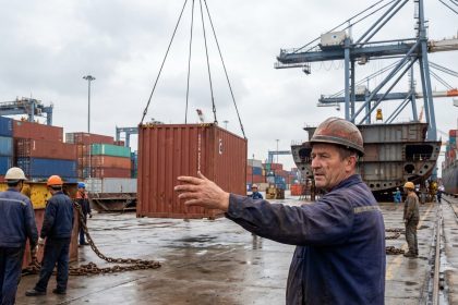 Ouvrier portuaire guidant un conteneur dans le port de Saint-Nazaire