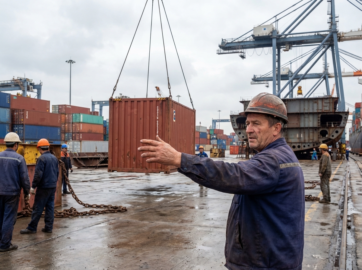 Ouvrier portuaire guidant un conteneur dans le port de Saint-Nazaire