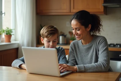 Mère aidant son fils adolescent à utiliser une plateforme d'éducation numérique sur un ordinateur portable dans une cuisine familiale