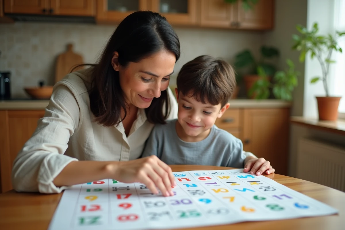 Parent aidant son enfant &agrave; m&eacute;moriser les tables de multiplication avec un tableau Montessori color&eacute; &agrave; la maison