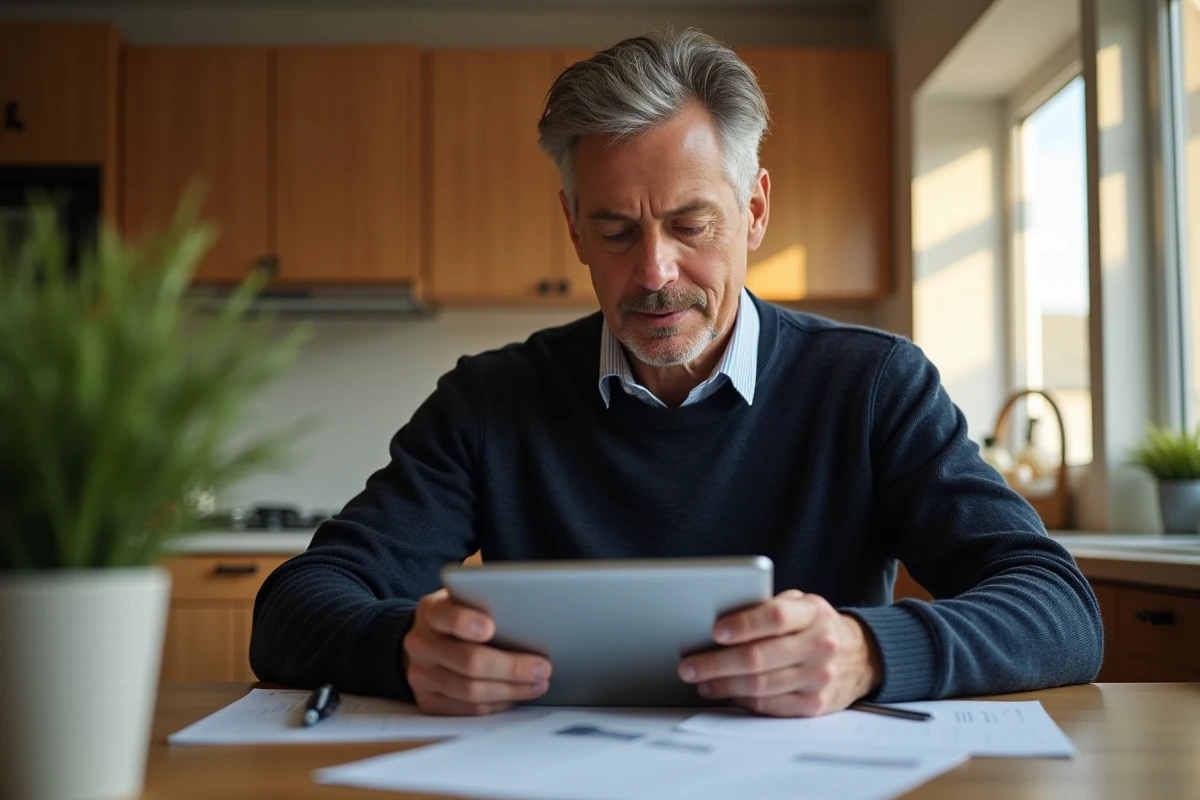 Parent payant les frais de scolarité en ligne via une tablette à la maison avec une facture scolaire imprimée