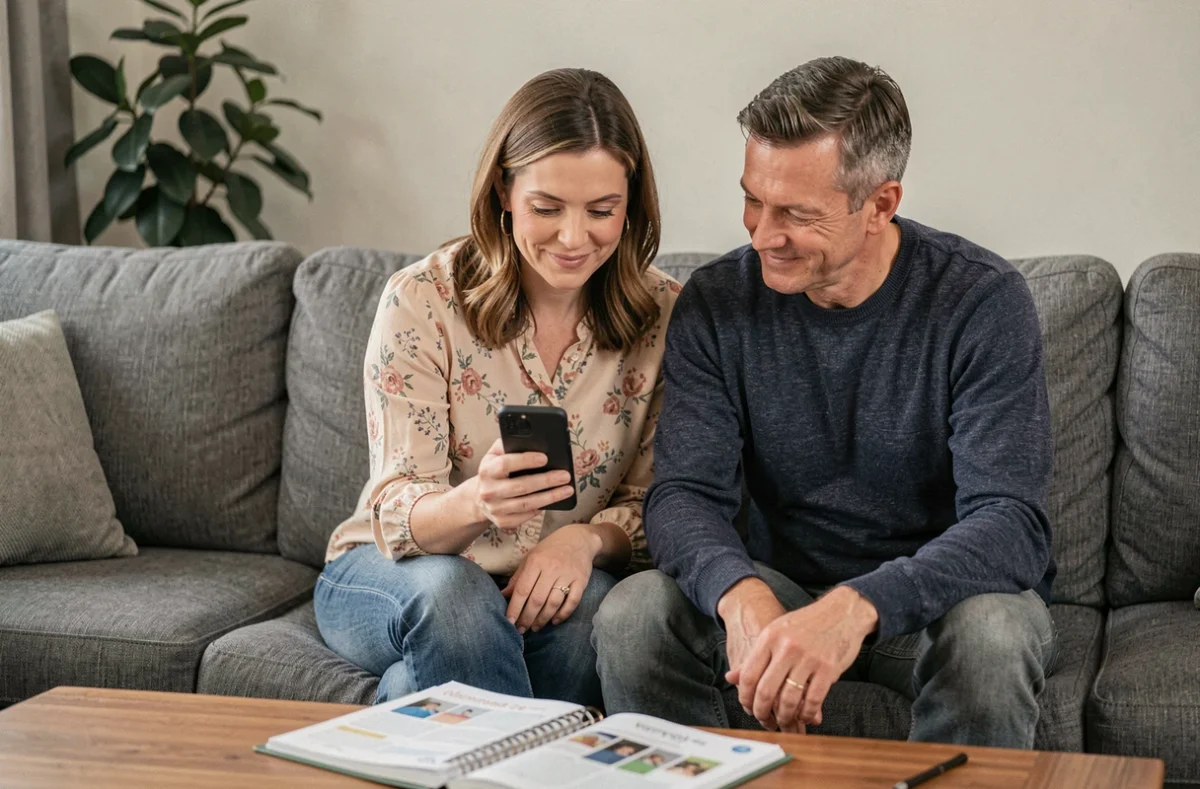 Deux parents consultent ensemble l'ENT Auvergne sur un smartphone pour suivre la scolarité de leur enfant depuis le salon
