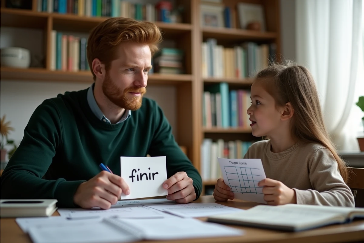 P&egrave;re et fille travaillant ensemble sur la conjugaison des verbes du 2&egrave;me groupe avec des fiches et un tableau blanc dans un bureau &agrave; domicile