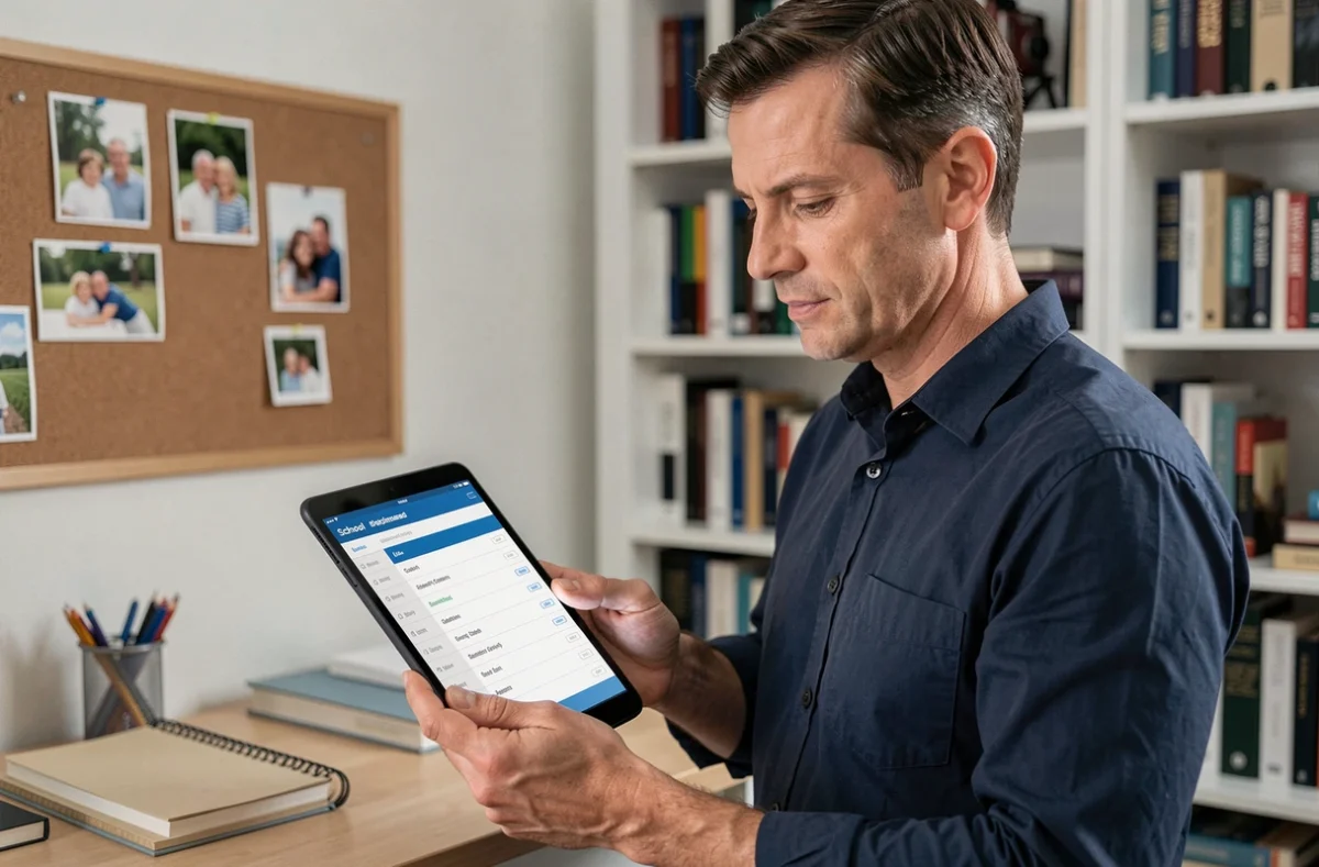 Un père consulte les notes scolaires de son enfant sur une tablette via l'ENT Auvergne dans son bureau à domicile