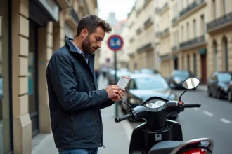 Homme tenant son permis de conduire B devant un scooter 125cc en ville, vérifiant ses droits de conduite