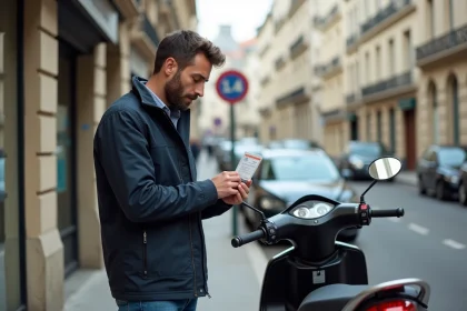 Homme tenant son permis de conduire B devant un scooter 125cc en ville, vérifiant ses droits de conduite