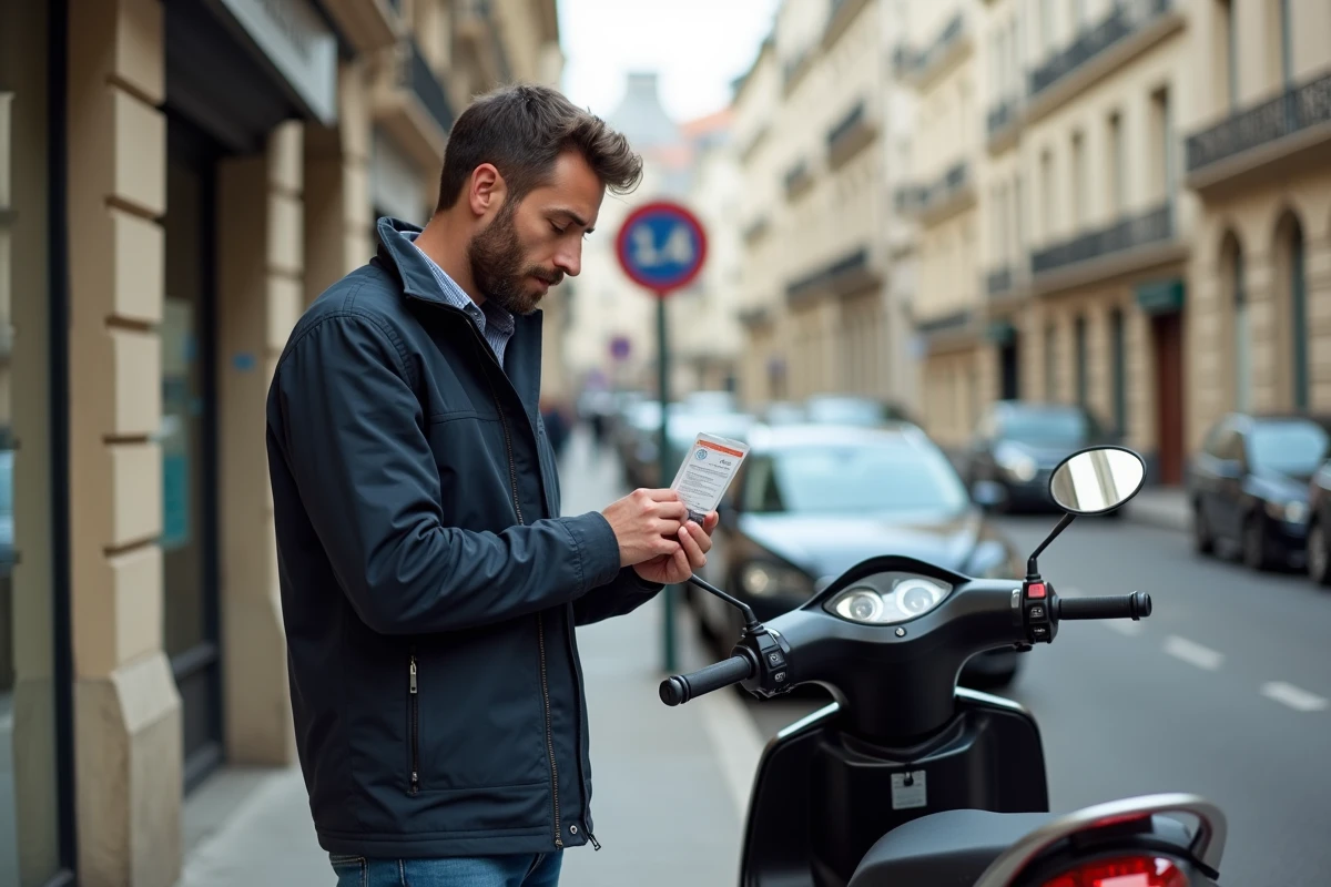 Homme tenant son permis de conduire B devant un scooter 125cc en ville, vérifiant ses droits de conduite