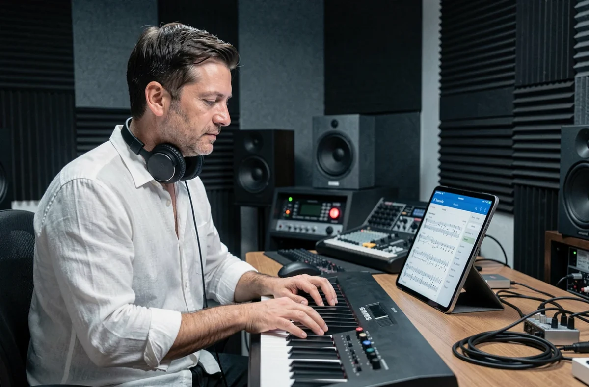 Pianiste adulte travaillant son oreille musicale avec un clavier numérique et une tablette en studio
