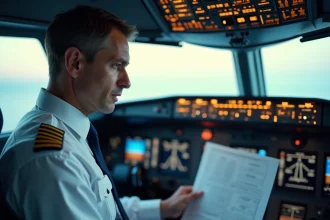 Pilote de ligne en uniforme blanc dans le cockpit d'un avion commercial examinant un plan de vol