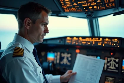Pilote de ligne en uniforme blanc dans le cockpit d'un avion commercial examinant un plan de vol