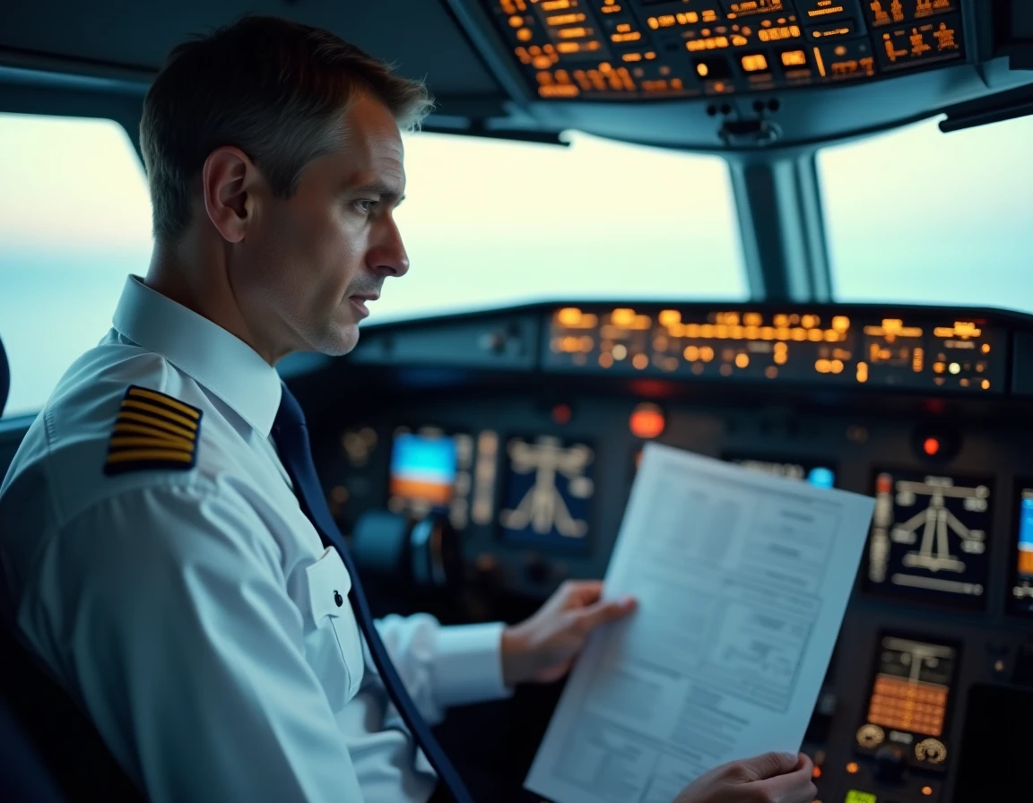 Pilote de ligne en uniforme blanc dans le cockpit d'un avion commercial examinant un plan de vol