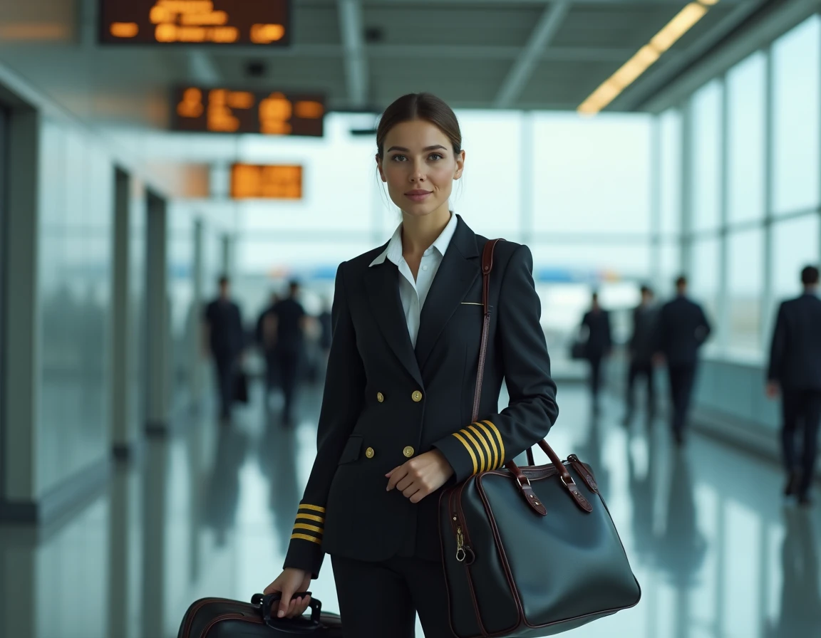 Pilote femme en uniforme d'aviation traversant un terminal d'aéroport international avec ses bagages
