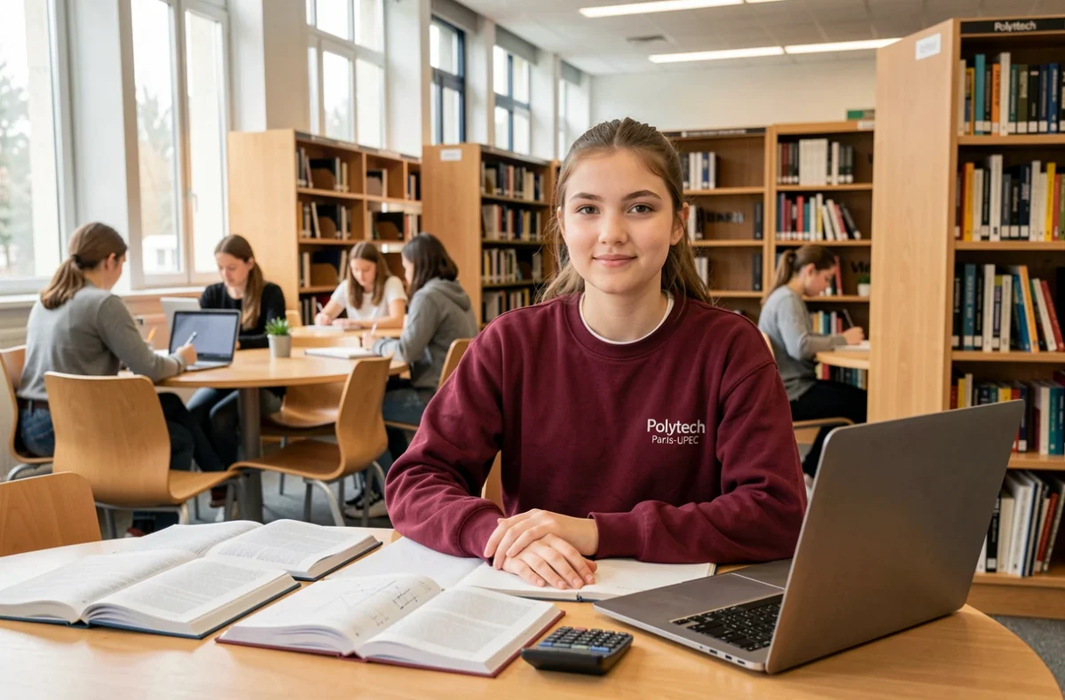 Étudiante du réseau Polytech Paris-UPEC étudiant dans une bibliothèque universitaire moderne