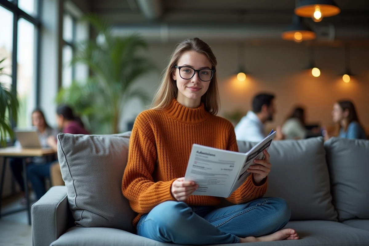 Jeune femme préparant sa candidature en ligne pour la Sorbonne Nouvelle 2026 dans un espace commun universitaire moderne