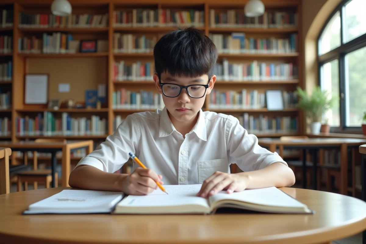 Collégien préparant son discours de délégué dans une bibliothèque scolaire entouré de notes manuscrites