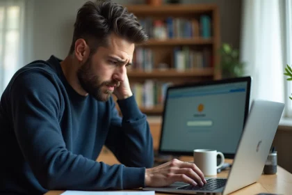 Homme frustré face à un problème de connexion sur sa messagerie AC Strasbourg depuis un ordinateur portable