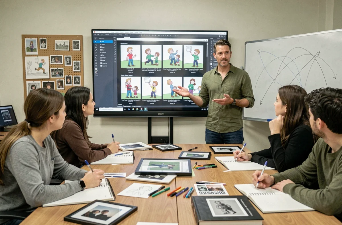 Professeur d'animation expliquant des principes d'animation 2D à des étudiants dans une école spécialisée