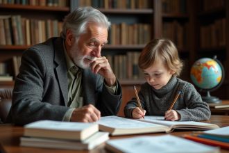 Professeur âgé observant un enfant dessinant dans un cadre académique