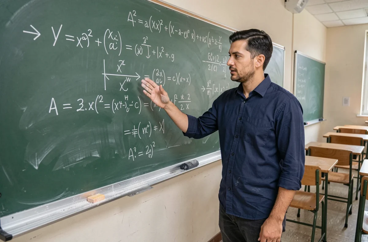 Professeur de mathématiques expliquant l'addition et le produit scalaire de vecteurs au tableau