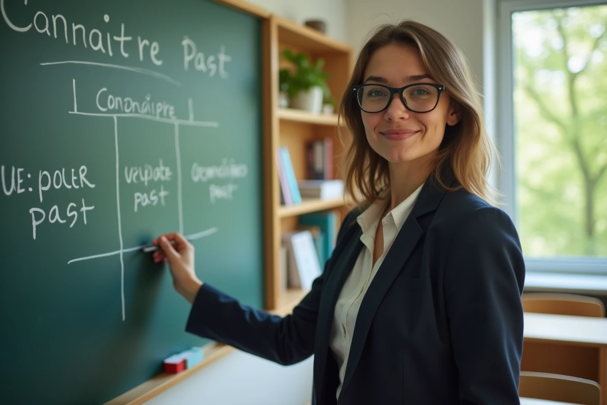 Jeune professeure de fran&ccedil;ais devant le tableau