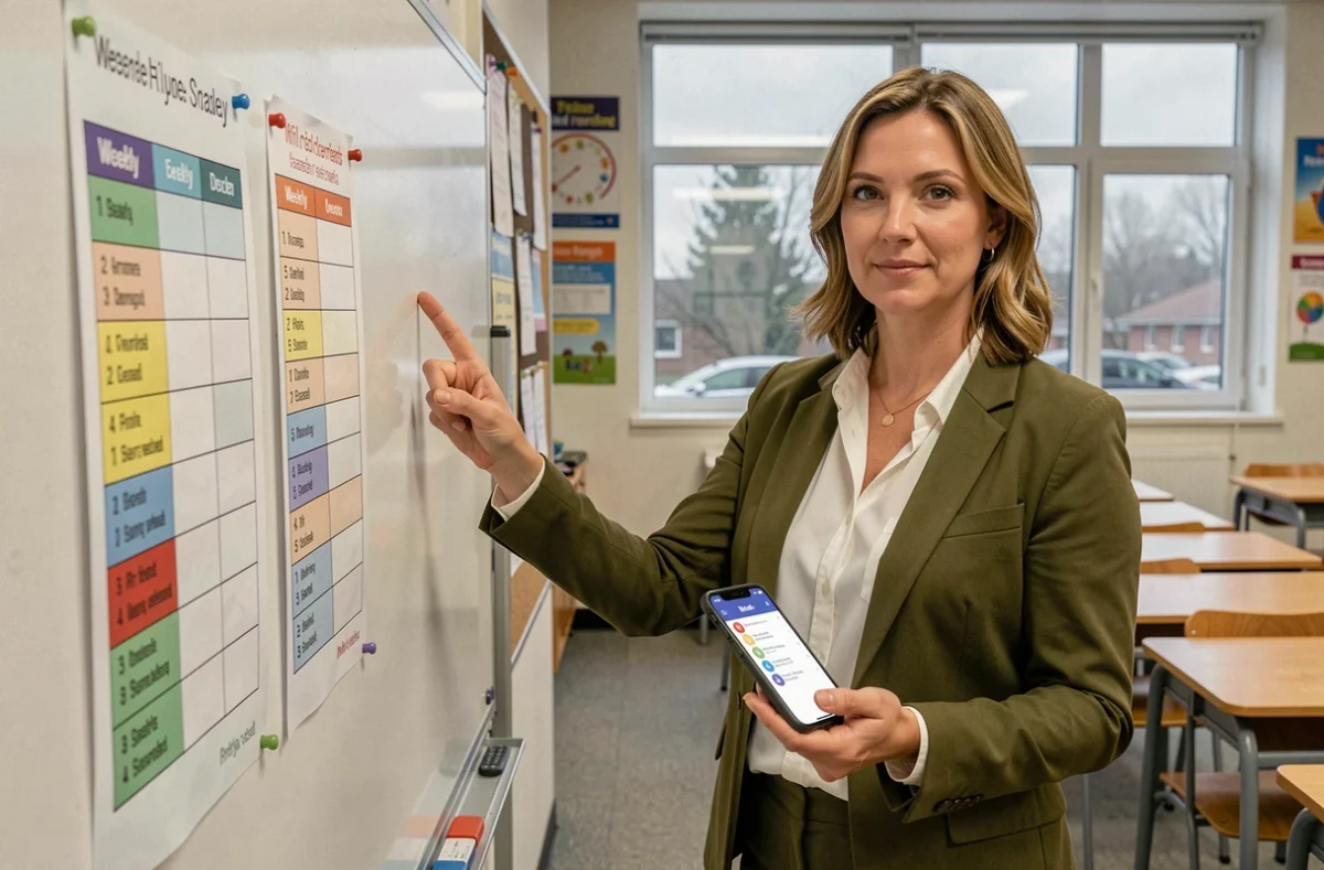 Professeure présentant l'emploi du temps et les fonctionnalités de la plateforme Edu Normandie en classe