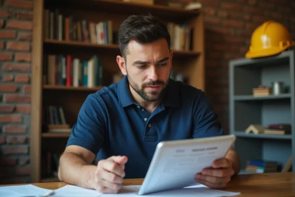 Professionnel du BTP consultant des documents de formation et un ordinateur tablette pour financer sa formation avec le CPF