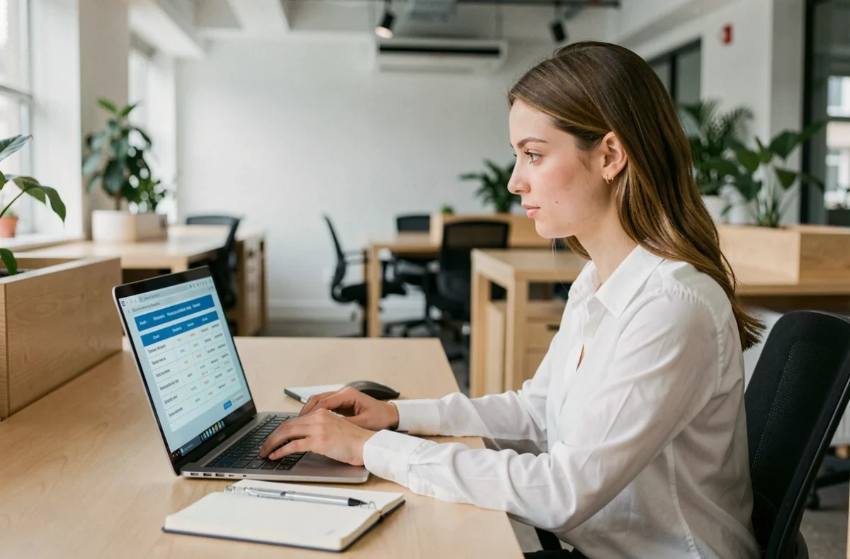Jeune professionnelle consultant un tableau comparatif en ligne pour identifier un équivalent usuel dans un bureau moderne
