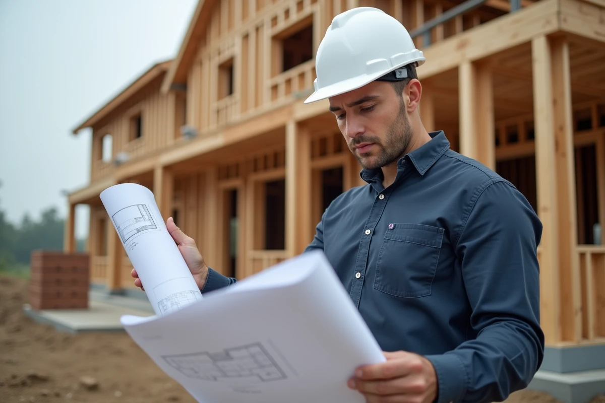 Homme en reconversion professionnelle étudiant des plans sur un chantier de construction résidentiel