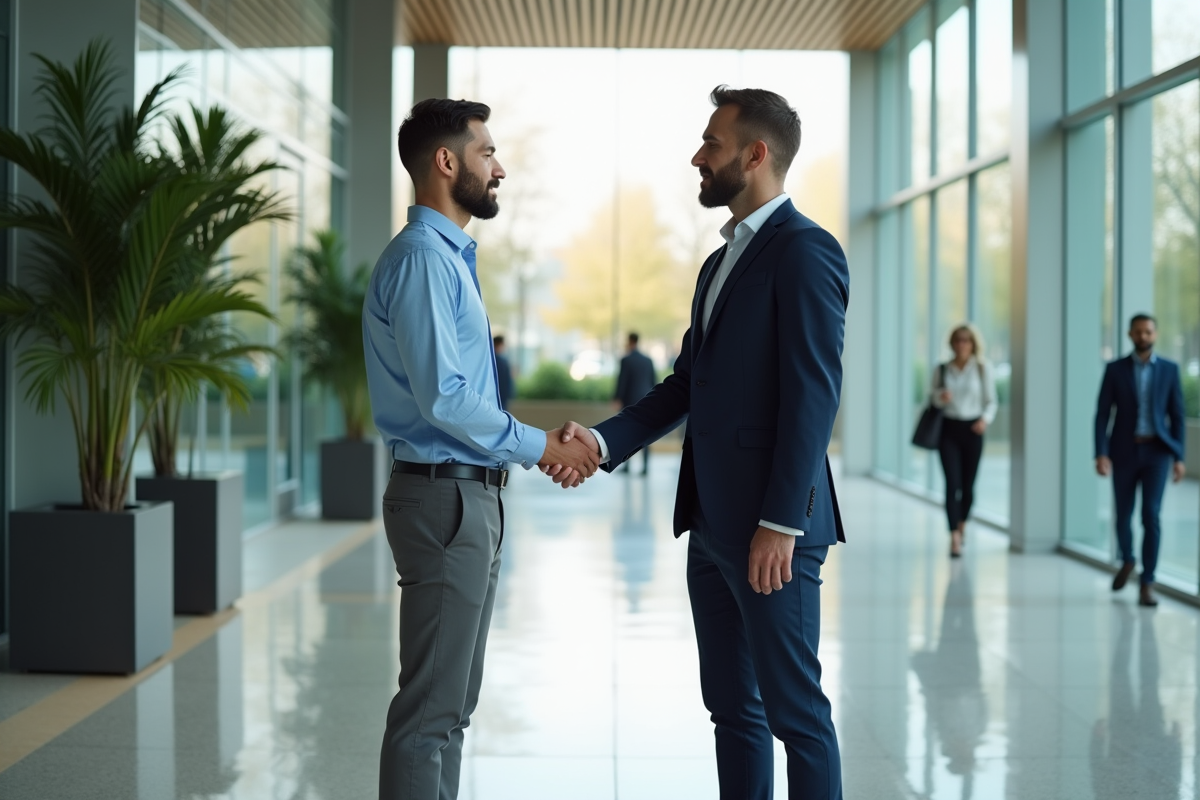 Homme d affaires serrant la main d un responsable en lobby moderne