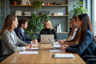 Groupe de professionnels en réunion dans un bureau lumineux
