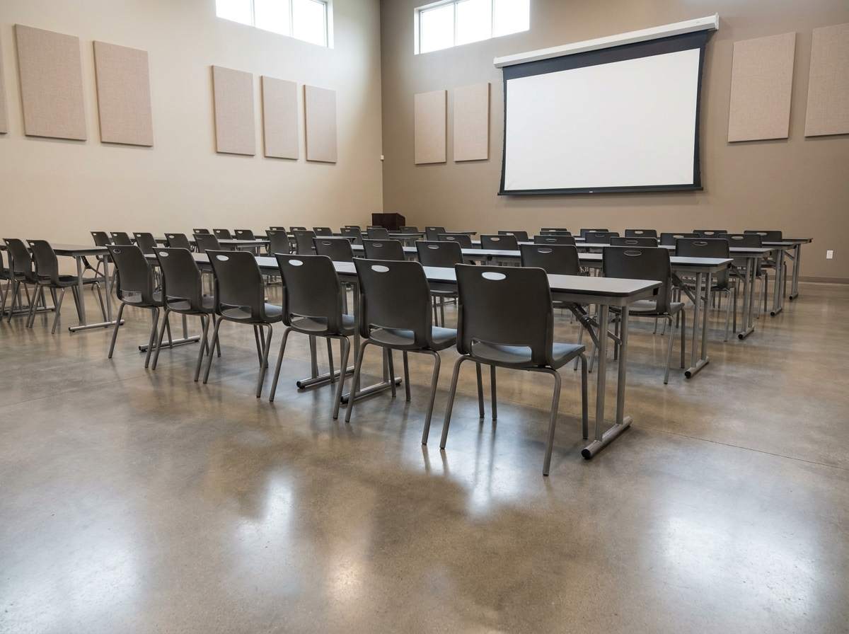 Salle polyvalente d'établissement configurée en disposition conférence avec rangées de chaises empilables et tables pliantes sur sol béton poli