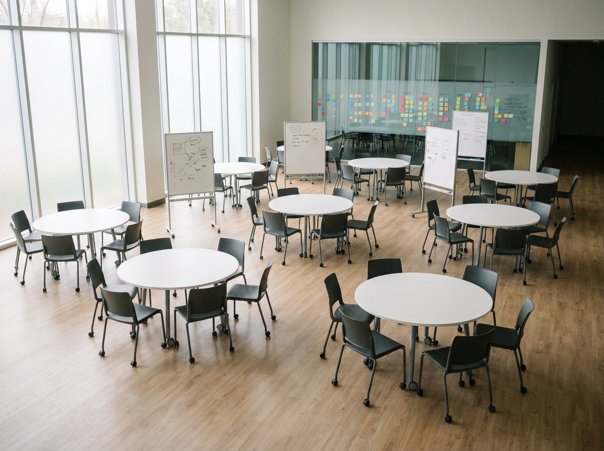 Salle polyvalente reconfigurée en espace atelier avec tables rondes mobiles, tableaux blancs roulants et cloisons vitrées dans un établissement