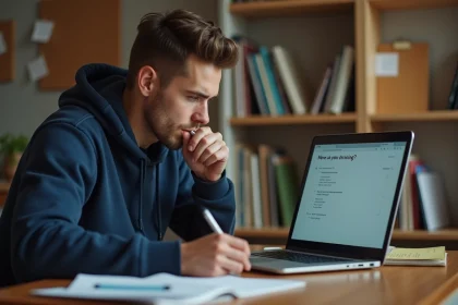 Jeune homme concentré révisant le simulateur 100 questions du permis de conduire sur un ordinateur portable à son bureau