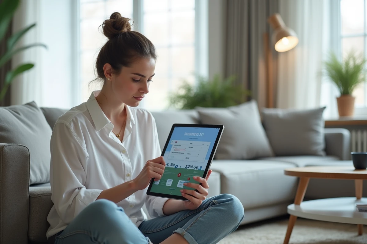 Jeune femme passant un test de code de la route sur tablette, simulateur de 100 questions pour l'examen du permis
