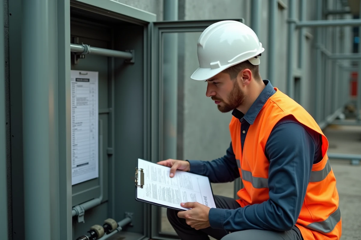 Technicien vérifiant une liste de contrôle d'habilitation électrique Habilec 8 devant un tableau électrique sur chantier industriel