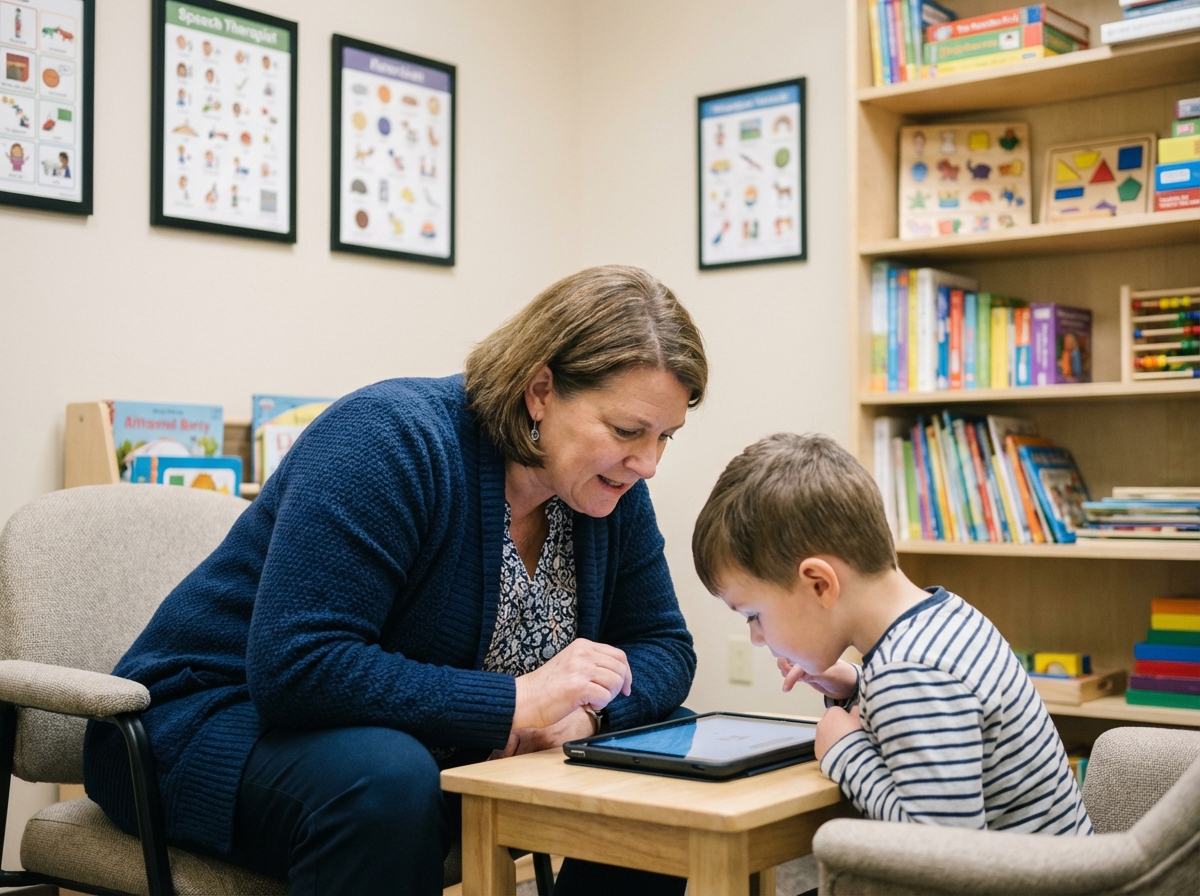Photo d'une therapiste avec un enfant dans une clinique moderne