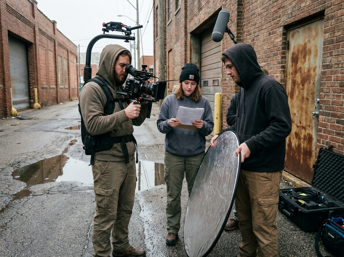 Étudiants en cinéma réalisant un tournage en extérieur en milieu urbain lors d'une formation audiovisuelle pratique
