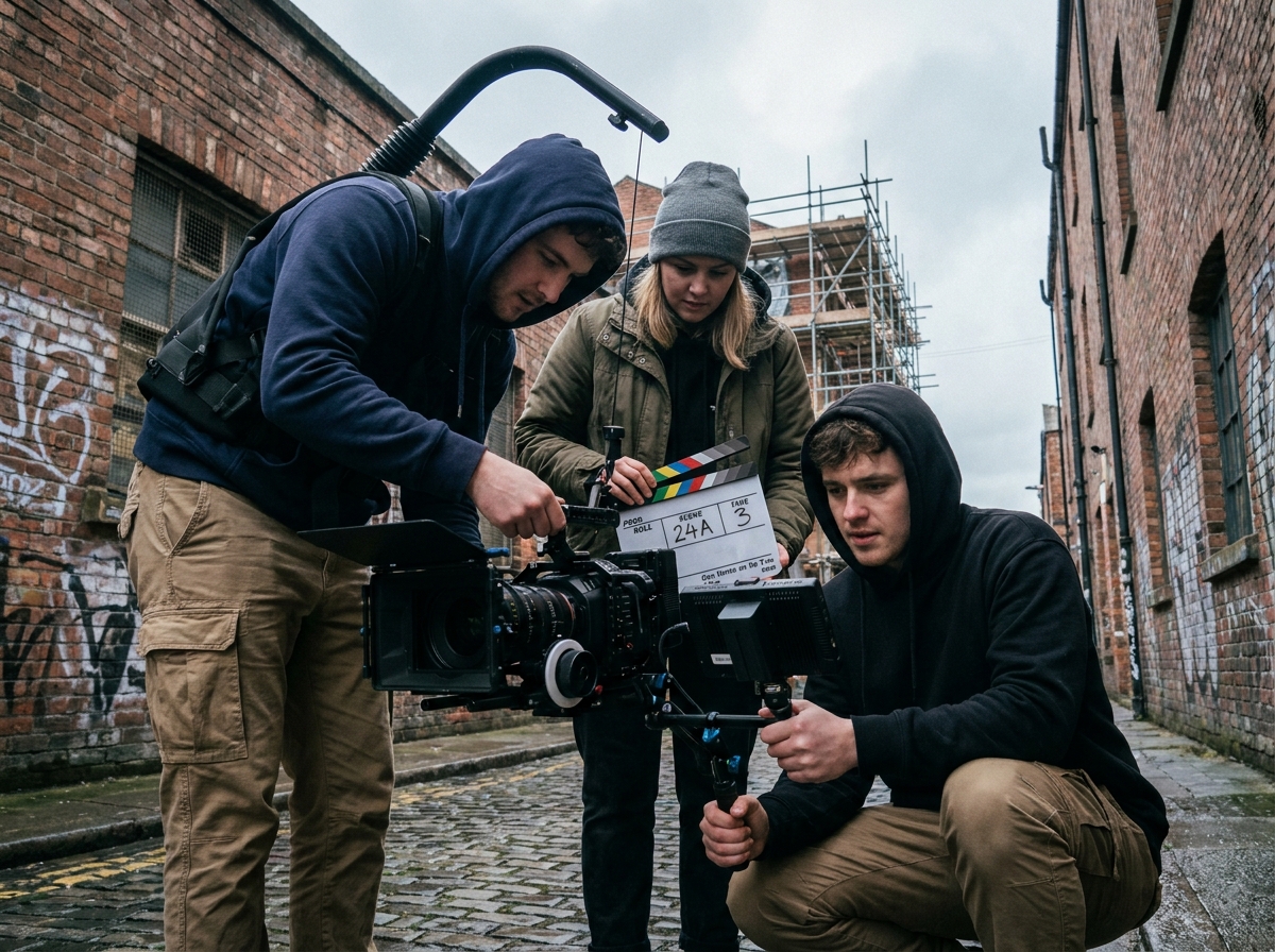 Équipe d'étudiants en formation cinéma audiovisuel en train de tourner une scène en extérieur avec une caméra professionnelle