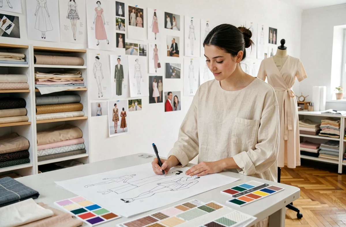 Étudiante en design de mode de l'Université de la Mode Lyon 2 esquissant des illustrations dans son atelier