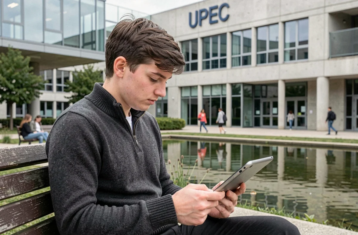Étudiant ingénieur de l'UPEC Créteil consultant sa tablette devant un bâtiment moderne de l'université