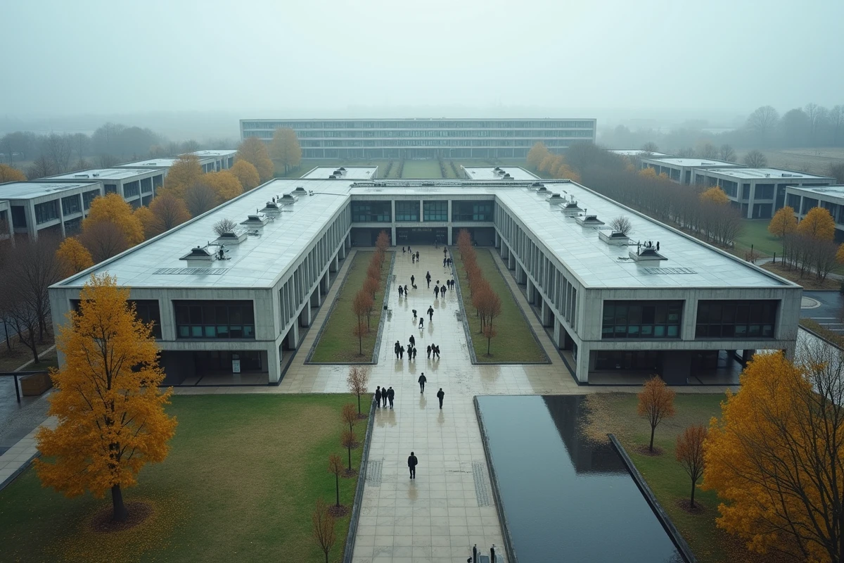 Vue aérienne d'un grand lycée français avec cour intérieure animée et bâtiments imposants