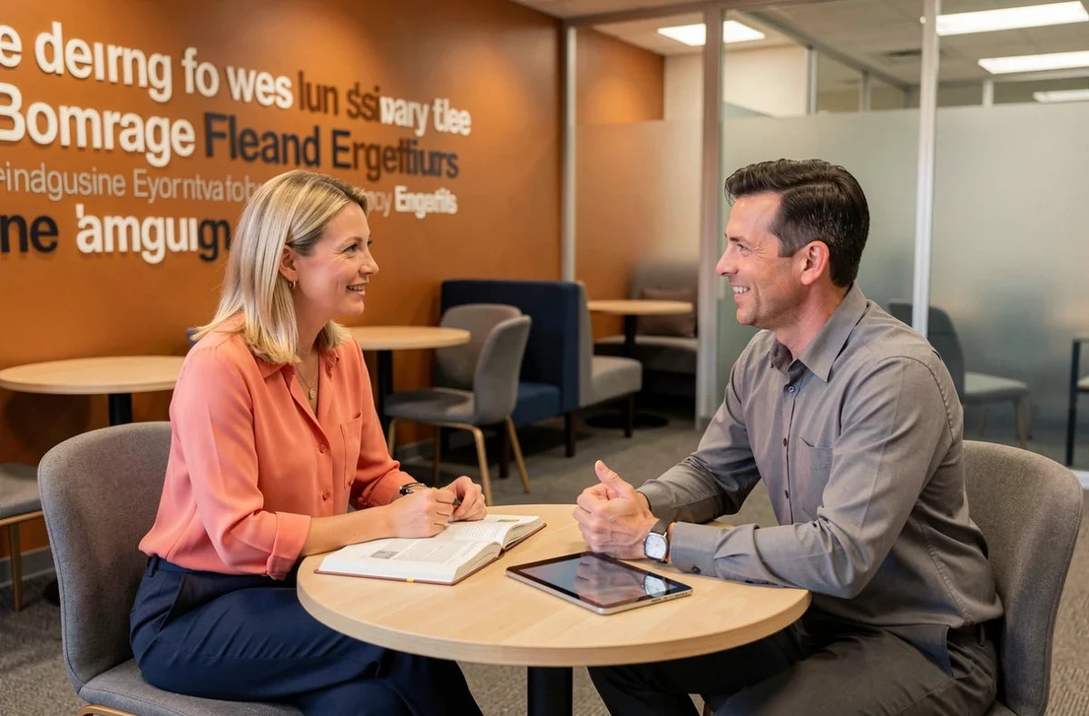 Cours d'anglais en face-à-face chez Wall Street English Lyon entre un formateur et un apprenant adulte